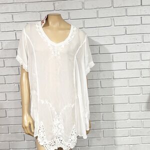 Johnny Was White Silk Embroidered Crochet Lace Tunic Top Plus Size 1X Boho